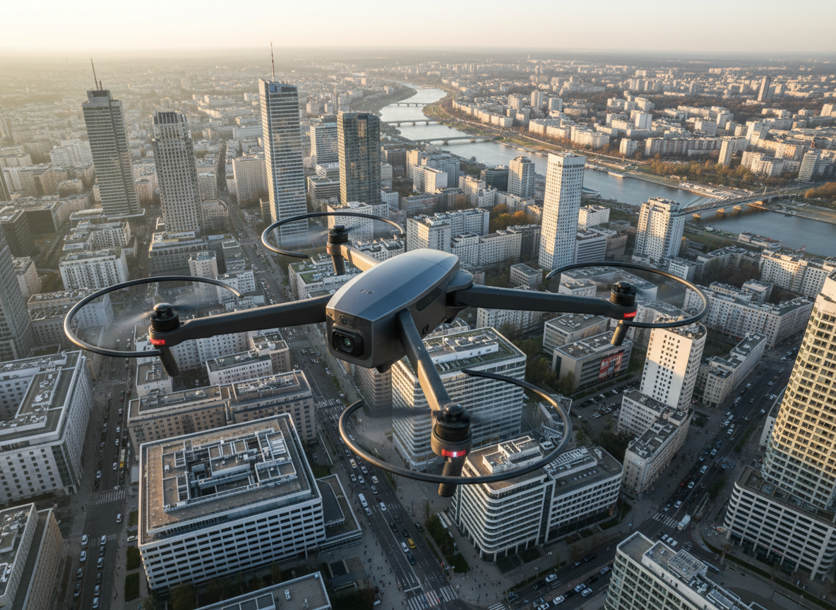 A sleek quadcopter drone with matte dark-gray arms and glossy carbon-fiber propeller guards hovers steadily above a modern Warsaw cityscape, the rotors frozen in crisp photographic detail. Below, sharp high-rise rooftops and streets are seen from a bird’s-eye perspective, with the Vistula River glinting in the distance. It is late afternoon with clean, slightly warm sunlight casting long, precise shadows across the buildings. The mood is professional and technological, suggesting reliable aerial services. Captured in photographic realism from a slightly elevated, three-quarter angle behind the drone, with the city in sharp focus and gentle atmospheric haze toward the horizon, creating a clean, modern, business-oriented aesthetic for a drone services website hero image.