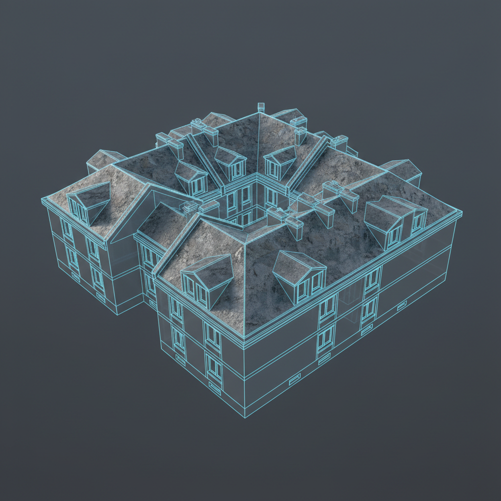 A meticulously detailed 3D-rendered mesh model of a residential block in Warsaw floats on a neutral dark-slate background, viewed from a three-quarter aerial angle. The buildings are shown in a semi-transparent, wireframe-over-solid style, revealing crisp geometric edges and textured roof details derived from photogrammetry. Subtle, cool studio lighting from above and the side creates soft highlights along rooflines and gentle shadows in courtyards, emphasizing dimensionality. The atmosphere is technical and precise, evoking engineering and surveying accuracy. The composition is centered with generous negative space around the model, in photographic realism mimicking a product shot, perfectly suited to illustrate drone-based photogrammetry and 3D modeling services without involving any people.