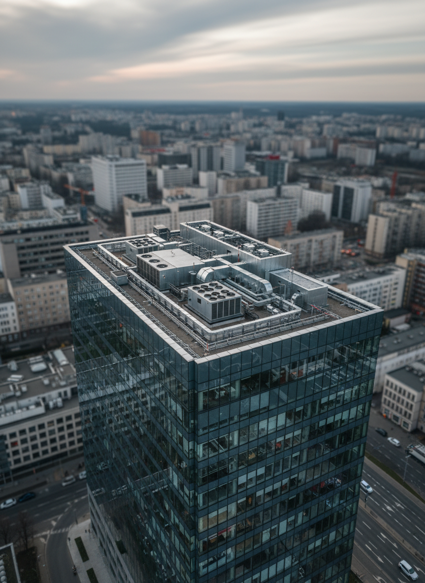 A high-resolution aerial view of a single modern office building in Warsaw, captured from an oblique drone angle that reveals both the roof and the main glass facade. The building’s reflective windows mirror the sky and surrounding city, while the rooftop shows HVAC units and technical infrastructure in precise detail. Late afternoon, slightly overcast light creates soft, diffused illumination with minimal glare, allowing architectural features to stand out clearly. The composition follows the rule of thirds, with the building offset and the urban context receding into a gentle depth-of-field gradient. The mood is corporate and polished, ideal for a real estate 3D modeling and documentation service, rendered in clean, realistic, professional photographic style.