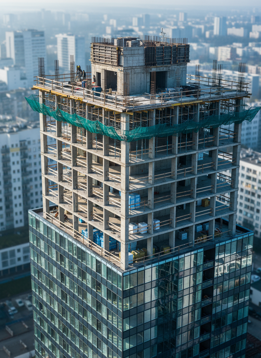 A partially completed high-rise building in Warsaw is captured from a mid-altitude drone position, framed so that each floor’s progress is clearly visible, from raw concrete levels at the top to finished glass-clad stories below. Temporary scaffolding, orderly stacks of materials, and precisely aligned structural columns emphasize organized progress. The scene is lit by early morning, slightly cool sunlight, casting crisp linear shadows that accentuate the building’s vertical rhythm. The composition uses an oblique angle that reveals both the facade and interior slabs, with the background city softly receding in subtle haze. The mood is serious and progress-focused, ideal for illustrating long-term drone monitoring of construction sites in a realistic, high-clarity photographic style.