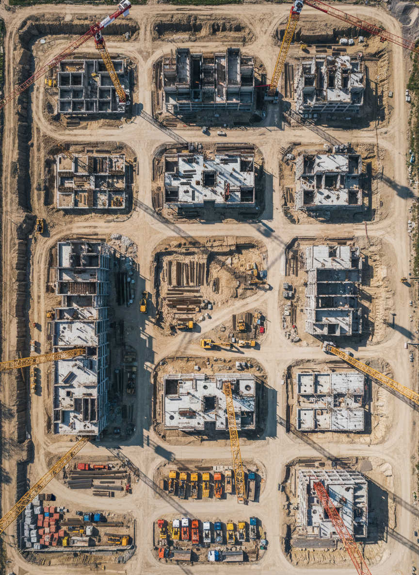 An expansive construction site on the outskirts of Warsaw seen from a high, top-down drone perspective, with graded earth, concrete foundations, tower cranes, and partially completed structures laid out in meticulous geometric patterns. Bright safety-colored machinery and neatly arranged building materials add visual order to the scene. Overhead midday sunlight provides clear, neutral lighting, ensuring every detail of the site’s progress is visible, with minimal shadows for maximum legibility. The photograph is ultra-sharp from edge to edge, emphasizing documentation and monitoring. The mood is analytical and professional, suitable for showcasing drone-based construction progress monitoring, with a clean, documentary photographic style and carefully composed framing that keeps the site perfectly aligned within the image.