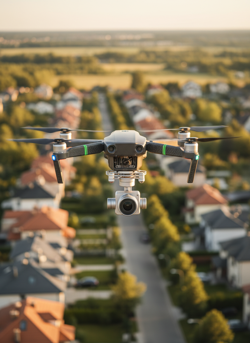 A professional camera drone with a stabilized 4K gimbal hangs motionless in the air above a partially blurred suburban neighborhood near Warsaw, its metallic body and tiny status LEDs rendered in sharp photographic realism. Below, neat houses and tree-lined streets form a soft bokeh pattern, emphasizing the drone as the central subject. The scene is illuminated by soft golden hour light, producing subtle reflections on the drone’s lenses and creating gentle, elongated shadows on the rooftops. Shot at eye level with the drone, using a centered composition and shallow depth of field, the atmosphere feels precise, calm, and trustworthy, perfectly suited to represent premium aerial photo and video services without any human presence.